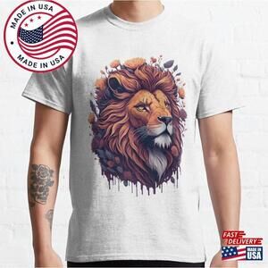 A Detailed Illustration Print Of Retro Lion Head Flowers Splash Classic T-Shirt